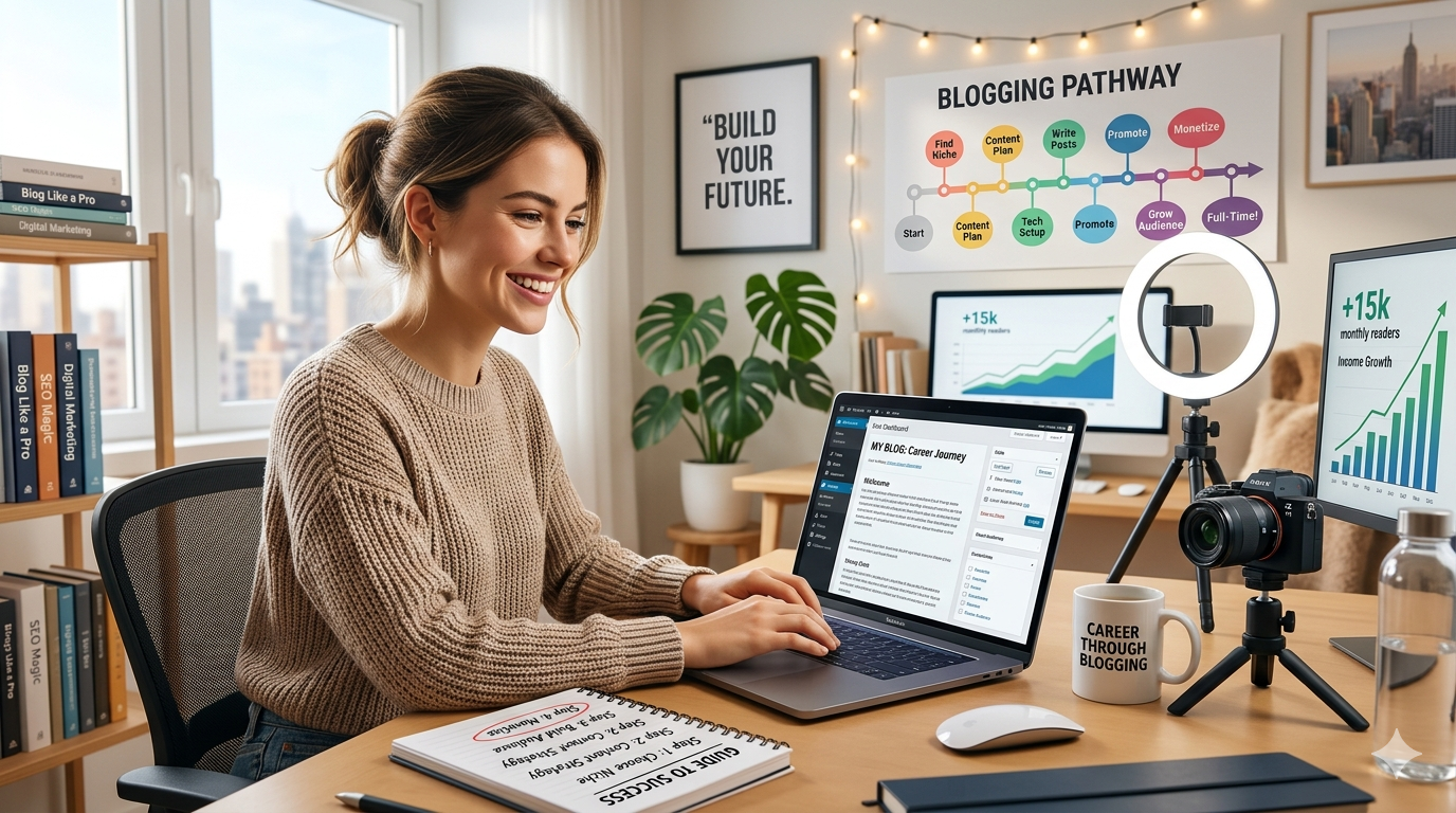 A professional and inspiring home office setup featuring a young woman typing on a laptop. The screen displays a blog dashboard titled 