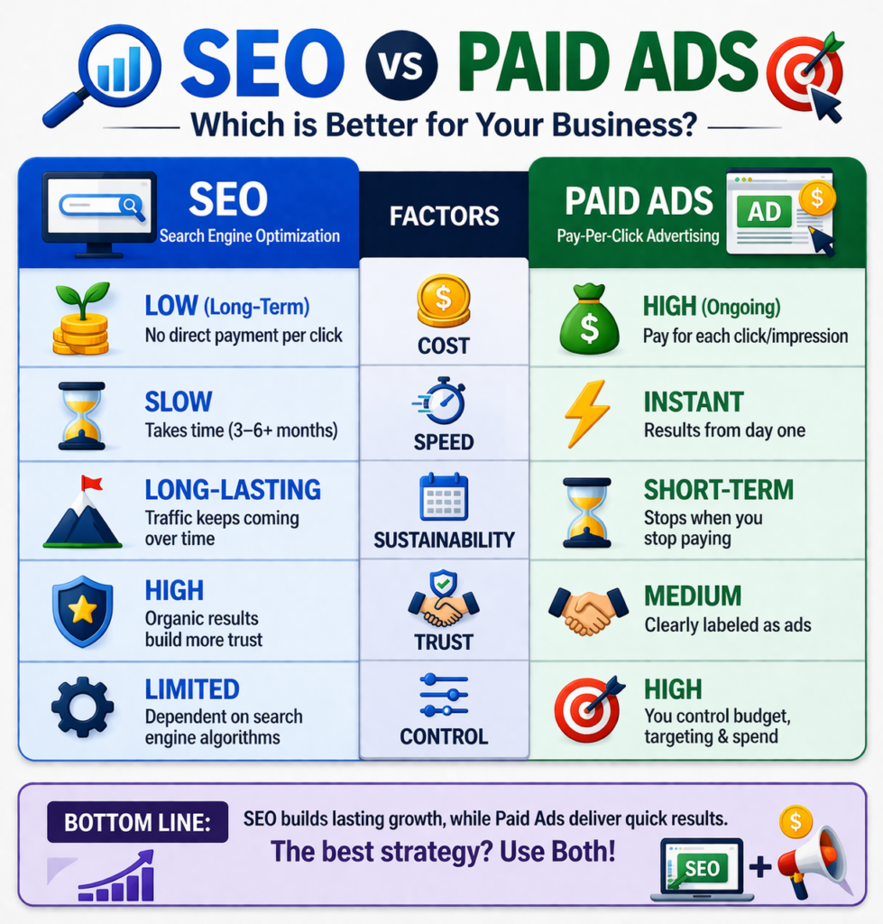 SEO vs Paid Ads comparison infographic showing cost, speed, trust, and ROI differences